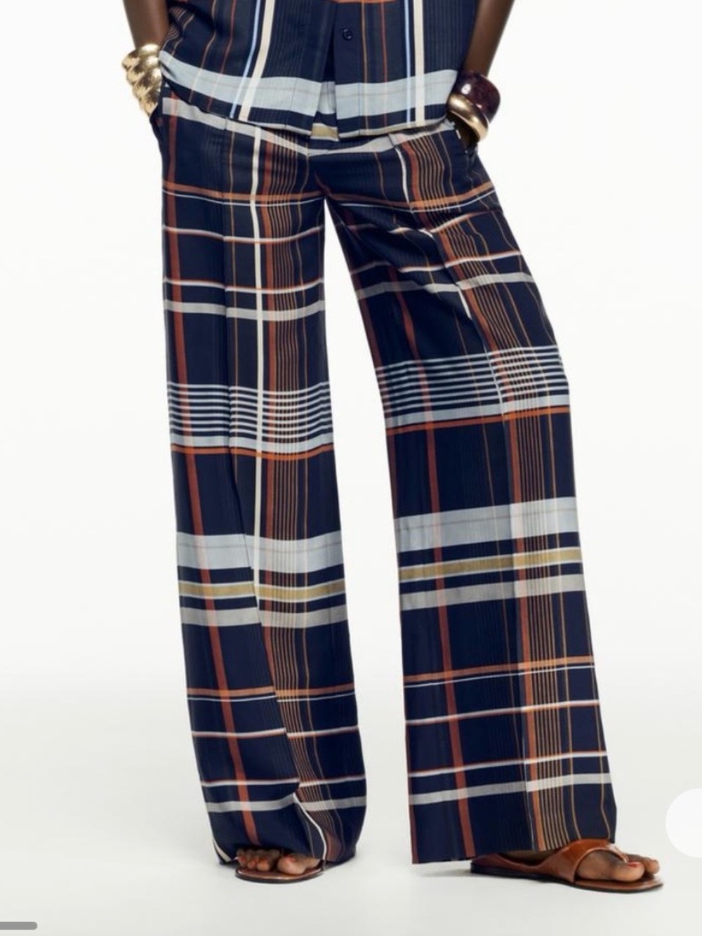 NWT Zara Navy Plaid Wide-Leg Pants with Rust and White Stripes